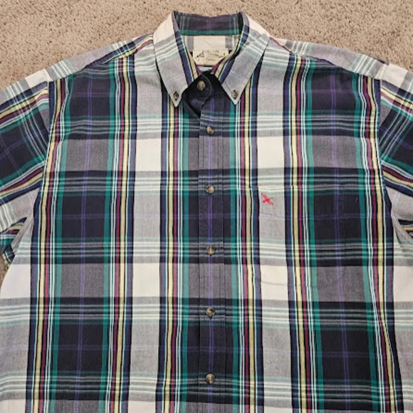 Eddie Bauer Vintage Men Large Blue Cotton Button Down Plaid Short Sleeve Shirt - Picture 3 of 5